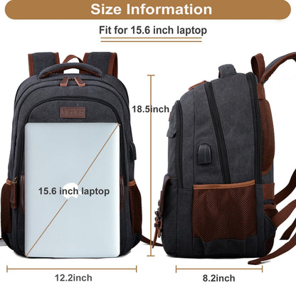 Mactso Canvas Travel Laptop Backpack for Men Women, Business Work Rucksack College School Computer Bag Fits 15.6 Inch Notebook,Bookbag with USB Charging Port (Black, 15.6 Inch)