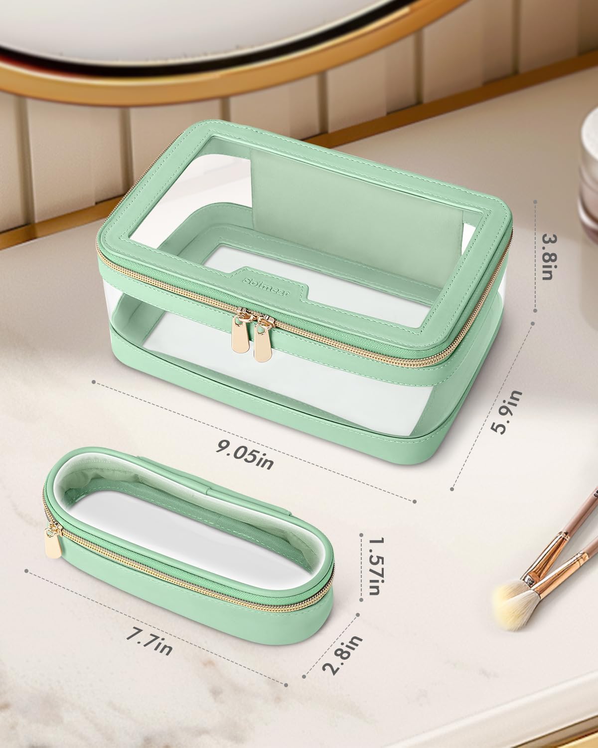 Travel Clear Makeup Bag with Makeup Brush Bag, Leather Makeup Case Toiletry Bag, Portable Cosmetic Bag Case, Transparent Waterproof Cosmetic Organizer Storage Bag for Women, Mint Green