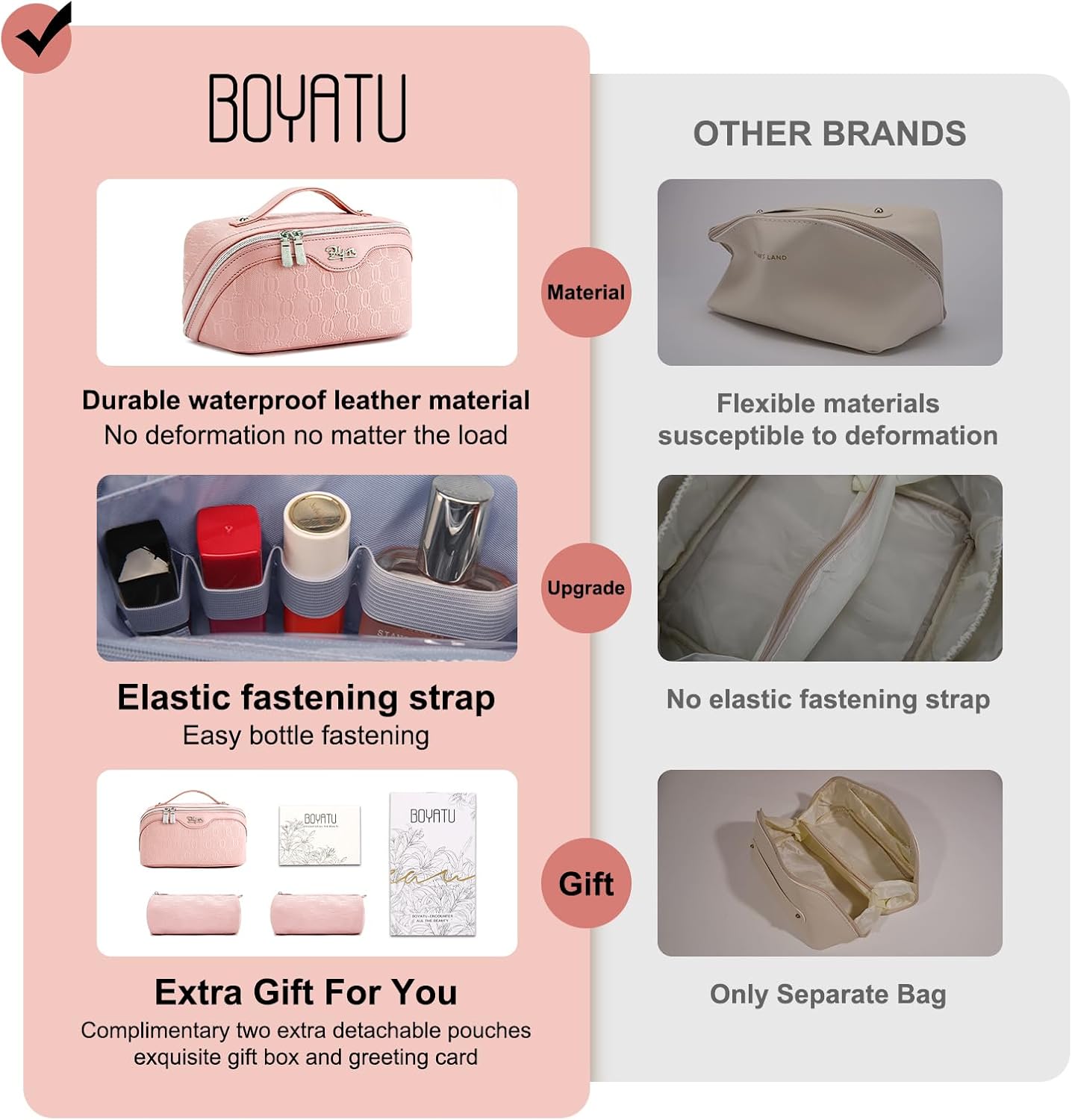 BOYATU Travel Makeup Bag for Women: Cosmetic Organizer Bag with Compartments - Leather Make up Bags Set of 3 (Pink)