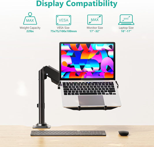 WALI Laptop Tray Desk Mount, Laptop Arm Mount Fits 10-15.6 Inch Notebook, 2-in-1 Gas Spring Monitor Arm for 17-32 Inch Computer Screen, Holds up to 22lbs(GSDM00LP), Black