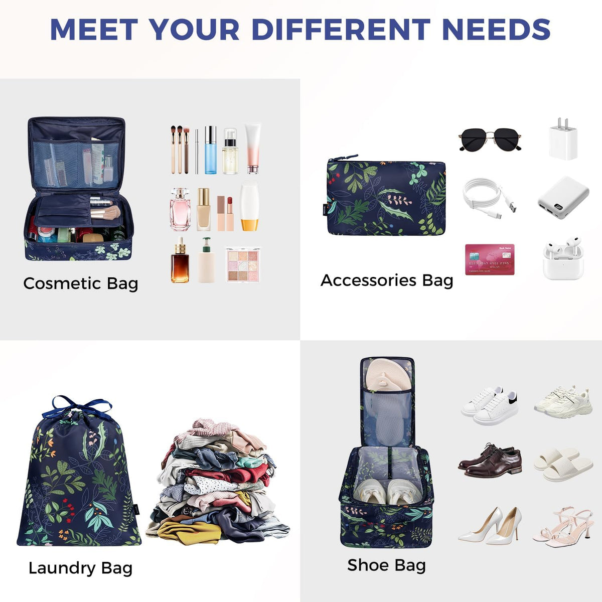 BAGAIL 8 Set Packing Cubes Luggage Packing Organizer Bags for Travel Accessories-Navy Leaf