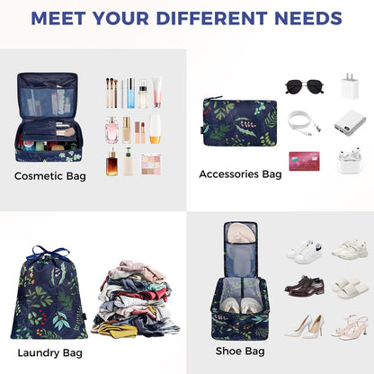 BAGAIL 8 Set Packing Cubes Luggage Packing Organizer Bags for Travel Accessories-Navy Leaf