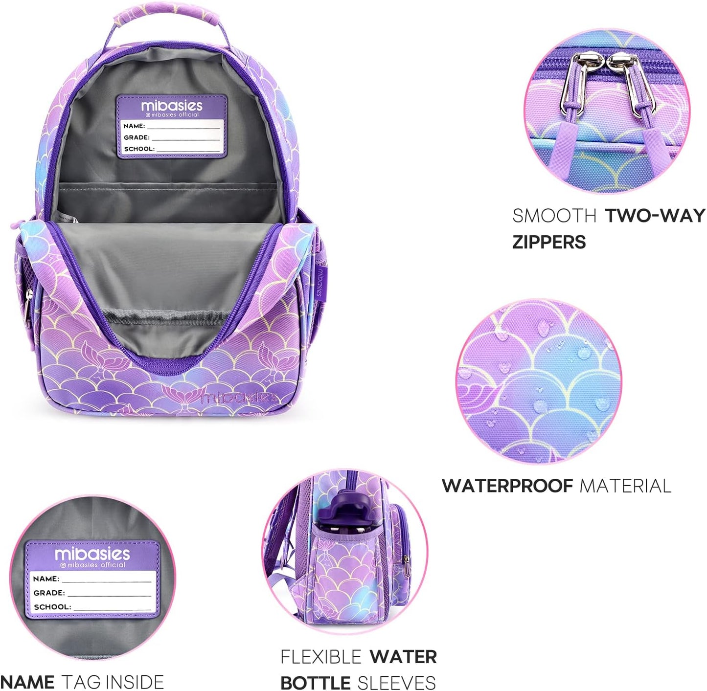 mibasies Toddler Backpack for Girls 2-4: Cute Kids Backpacks for Girls - Preschool Kindergarten Backpack - Mermaid Tail Purple