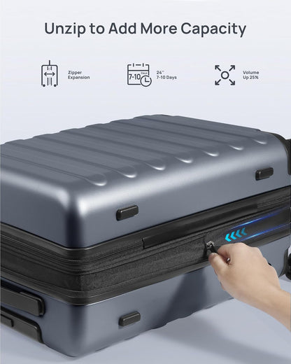 Carry on Luggage 22 X 14 X 9 Airline Approved, 20 Inch Luggage for 3-5 Days Travel, Double Spinner Wheels, 100% Hardshell PC, TSA Lock (00-Grey (Expandable), Checked 24-Inch)