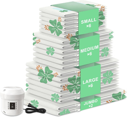 20 Pack Vacuum Storage Bags for Clothing Travel with Electric Pump, 4 Sizes Jumbo/Large/Medium/Small Space Saver Bags Vacuum Sealed for Luggage Blankets, Vacuum Seal Bags for Bedding Comforters