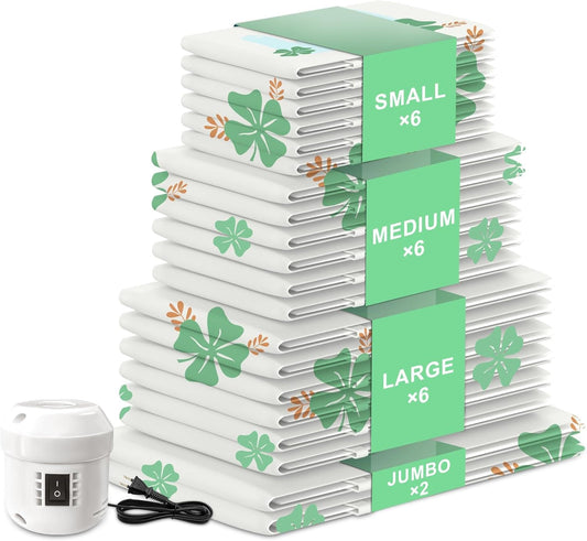 20 Pack Vacuum Storage Bags for Clothing Travel with Electric Pump, 4 Sizes Jumbo/Large/Medium/Small Space Saver Bags Vacuum Sealed for Luggage Blankets, Vacuum Seal Bags for Bedding Comforters