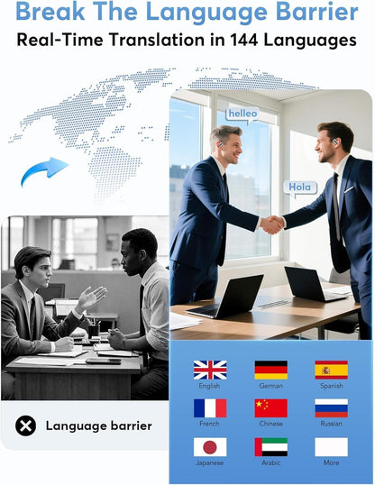 AI Translation Earbuds Real-Time, 144 Languages & Accents,4-in-1 Open Ear Wireless Earbuds with Charging Case, Compatible with iOS & Android, Ideal for Travel, Business, Learning,Black