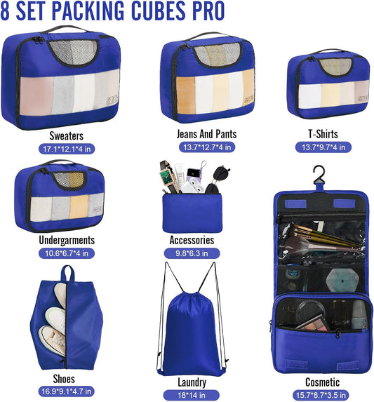 Veken 8 Set Packing Cubes for Travel Essentials, Suitcase Organizer Bags in 4 Sizes, Carry-On Luggage Accessories with Large Laundry & Hanging Toiletry Bag, Must-Have for Airplane, Road Trip & Camping