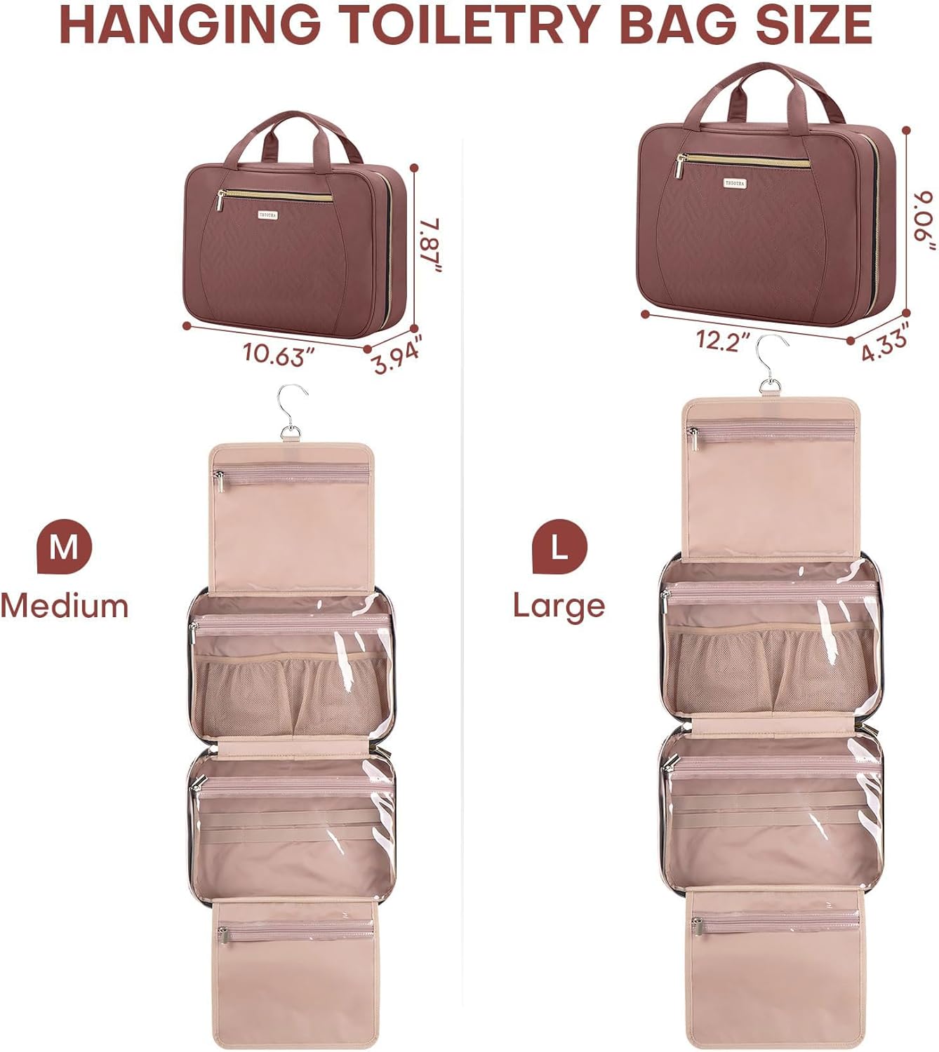 Hanging Toiletry Bag for Women Travel, 2 Sizes Large & Small Waterproof Cosmetic Organizer with 4 Compartments, Rotating Hook, Foldable Pink Travel Bag for Toiletries & Makeup Red Sandalwood