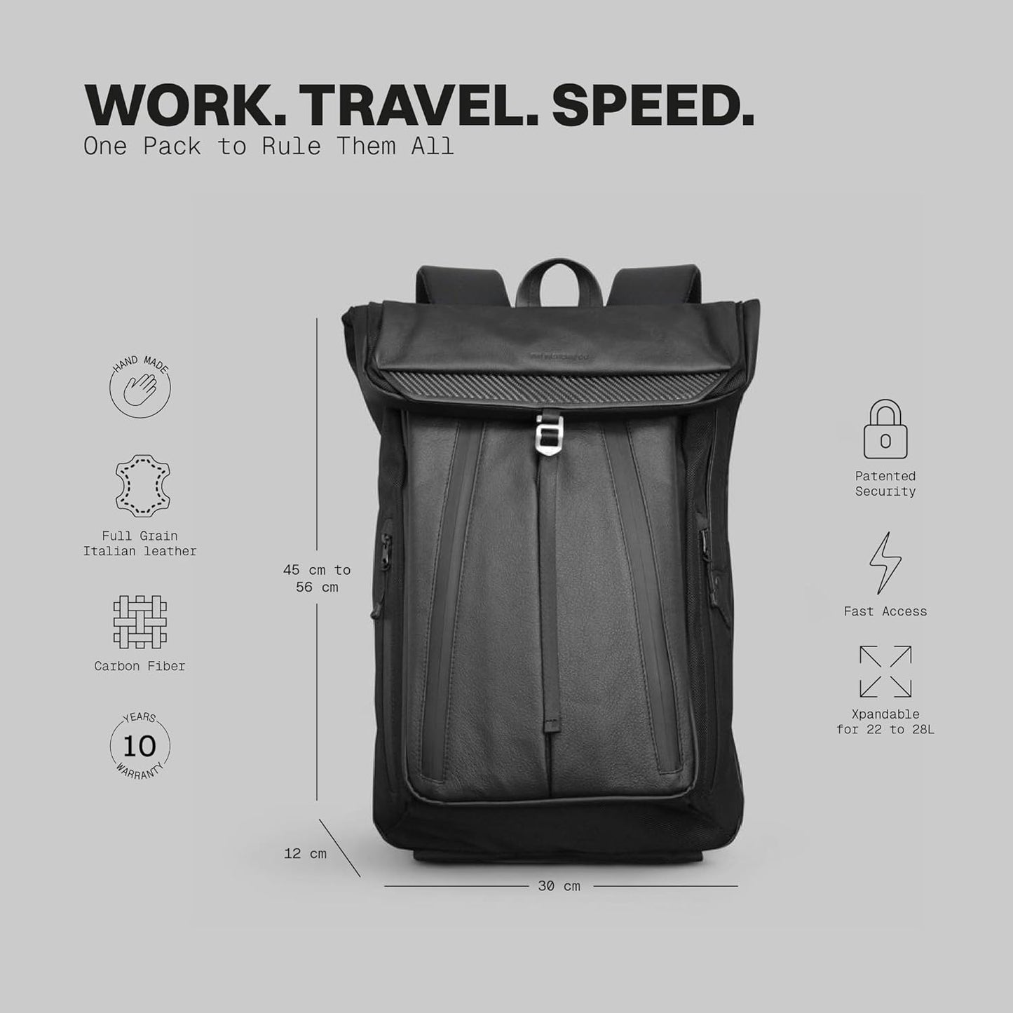 The Frenchie Co. - Work/Travel Speed Backpack - Expandable 23-30 L Laptop Pack - Anti-theft magnetic closure - Ballistic nylon body with full-grain Italian leather trim