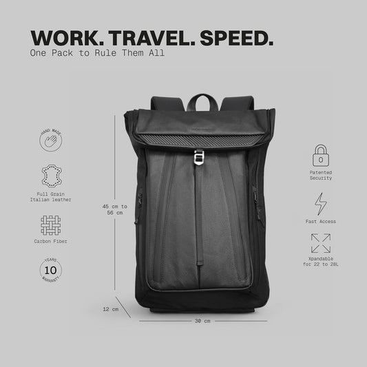 The Frenchie Co. - Work/Travel Speed Backpack - Expandable 23-30 L Laptop Pack - Anti-theft magnetic closure - Ballistic nylon body with full-grain Italian leather trim