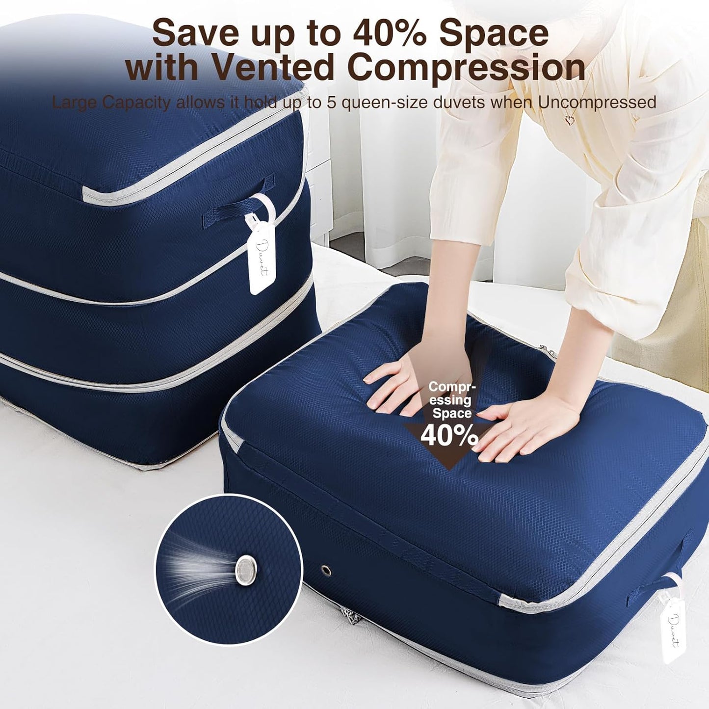 6 Pack Compression Storage Bags - 110L Large Capacity Comforter Storage Bag, 3-Layer Washable Ultra Space Saving Self Compression Organizer Space Bags for Blankets, Sweater, Sheet, Navy Blue