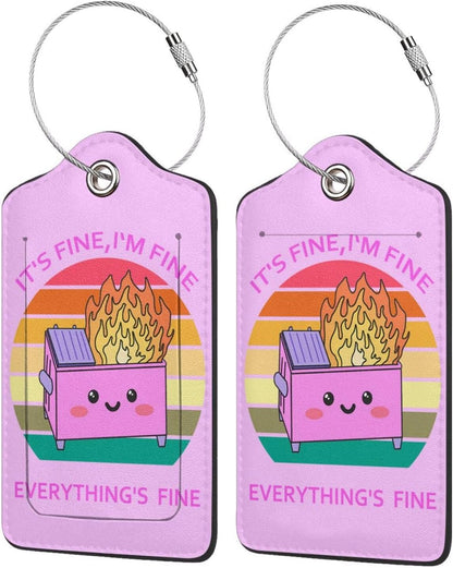 2 Pack Luggage Tags for suitcases Cute Pink Trash on fire I'm Fine It's Fine Luggage Tag, Leather Stainless Steel Loop Label Tag for Men Women Travel Bag Suitcase(Pink Trash)
