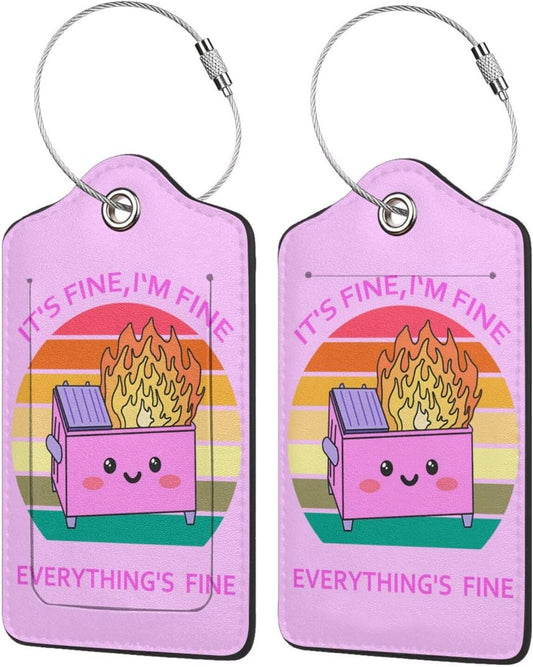 2 Pack Luggage Tags for suitcases Cute Pink Trash on fire I'm Fine It's Fine Luggage Tag, Leather Stainless Steel Loop Label Tag for Men Women Travel Bag Suitcase(Pink Trash)