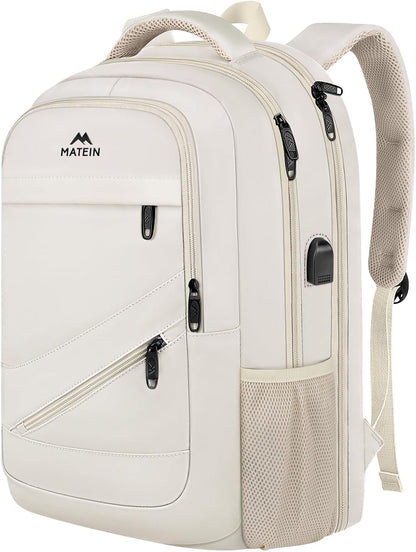 MATEIN 17 Inch Laptop Bookbag for Women, College School Backpack Large Capacity with USB Port & Luggage Strap, Water Resistant Padded Computer Backpack TSA Approved for Nurse Work Travel, Beige