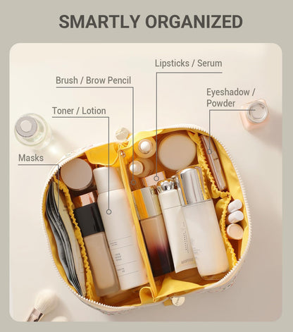 Aveniee Travel Makeup Bag for Women, Large Cosmetic Organizer with Open-Flat Design, Clear Divider & Handle - Waterproof PU Leather Toiletry Pouch