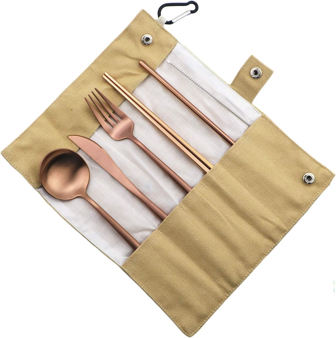 Gugrida Luxury Rose Gold Matte Portable 18/10 Stainless Steel Travel Flatware Sets of 7 Portable Camping Cutlery Set, Healthy & Eco-Friendly Flatware Set with Carrying Case for Travel or Camping