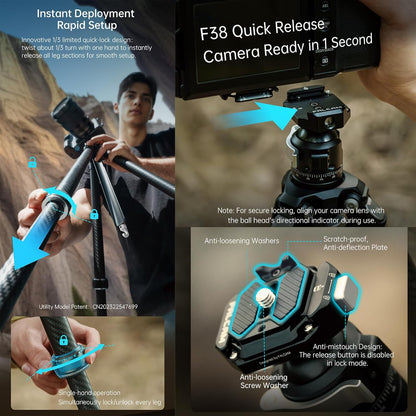 FALCAM TreeRoot F38 Quick Lock Lite Carbon Fiber Travel Tripod with Ball Head Load Capacity 3kg/6.6lbs, Max Vertical Payload 40Kg/88lbs for Cameras, All-Terrain Stability (C141K-301)
