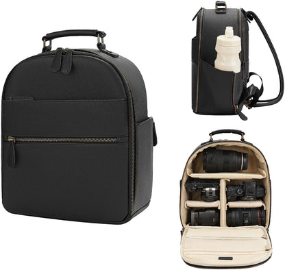 Small Camera Backpack, Classic PU Leather with 11 Inch Pad/Tablet Compartment, Professional Camera Bag for Photographers for DSLR, 10L Black