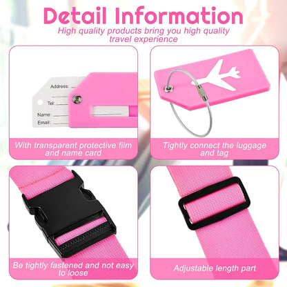 Weewooday 8 Pcs Luggage Straps Suitcase Tags Set for TSA Approved, 4 Travel Adjustable Suitcase Belt, 4 Silicone Luggage Tags with Name ID Card Travel Accessories(Pink,Airplane)
