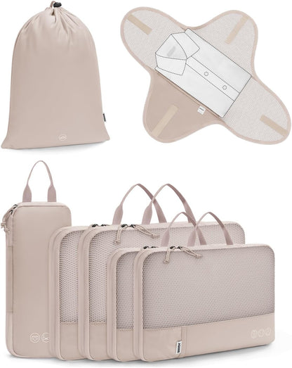 WANDF 7 Set Compression Packing Cubes for Travel, Shirt Folder for Wrinkle-Free, Suitcase Organizer Bags Set for Carry-On Checked Luggage Duffle Bag Women Men(Khaki)