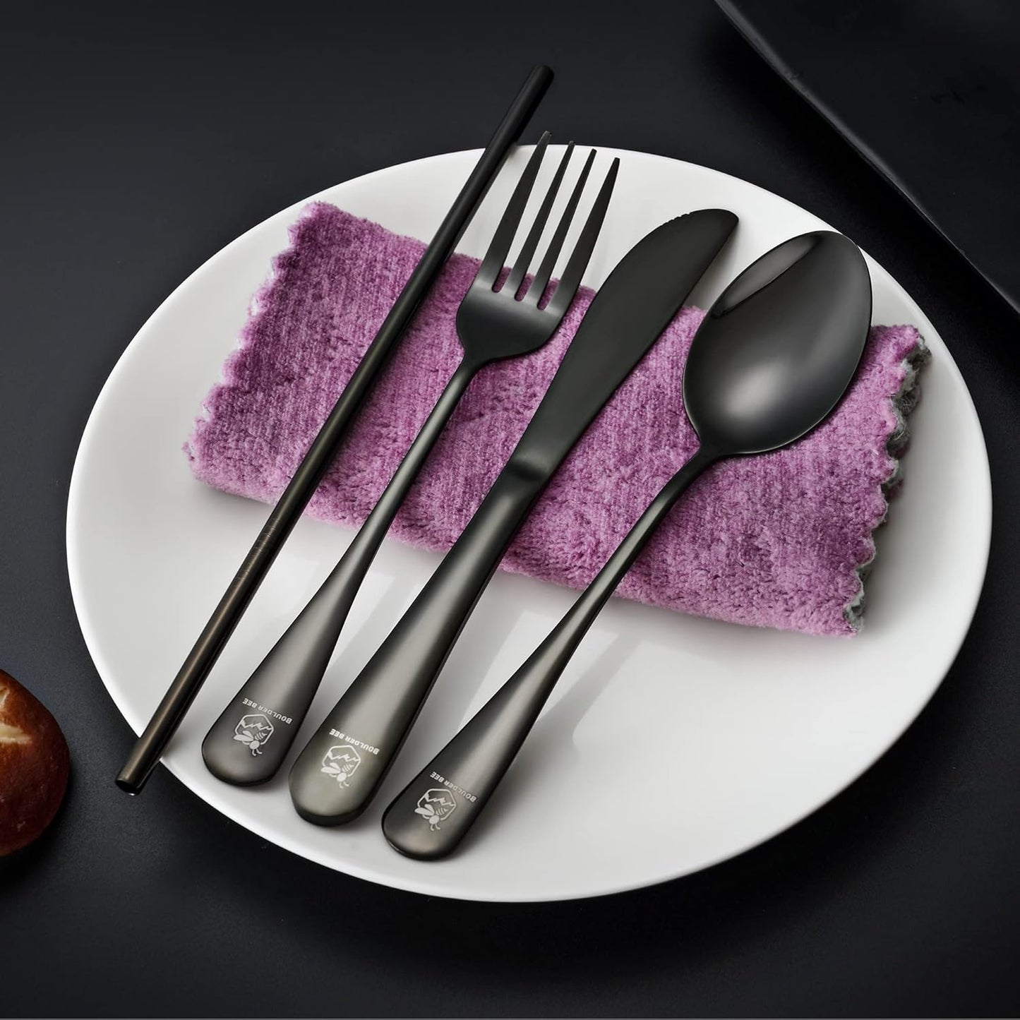 Boulder Bee | Travel Utensils Set | Reusable Camping Cutlery Set | Stainless Steel Flatware Set | Portable Silverware Set with Case | Includes Knife/Fork/Spoon/Straw/Cleaning Cloth/Case (Black)