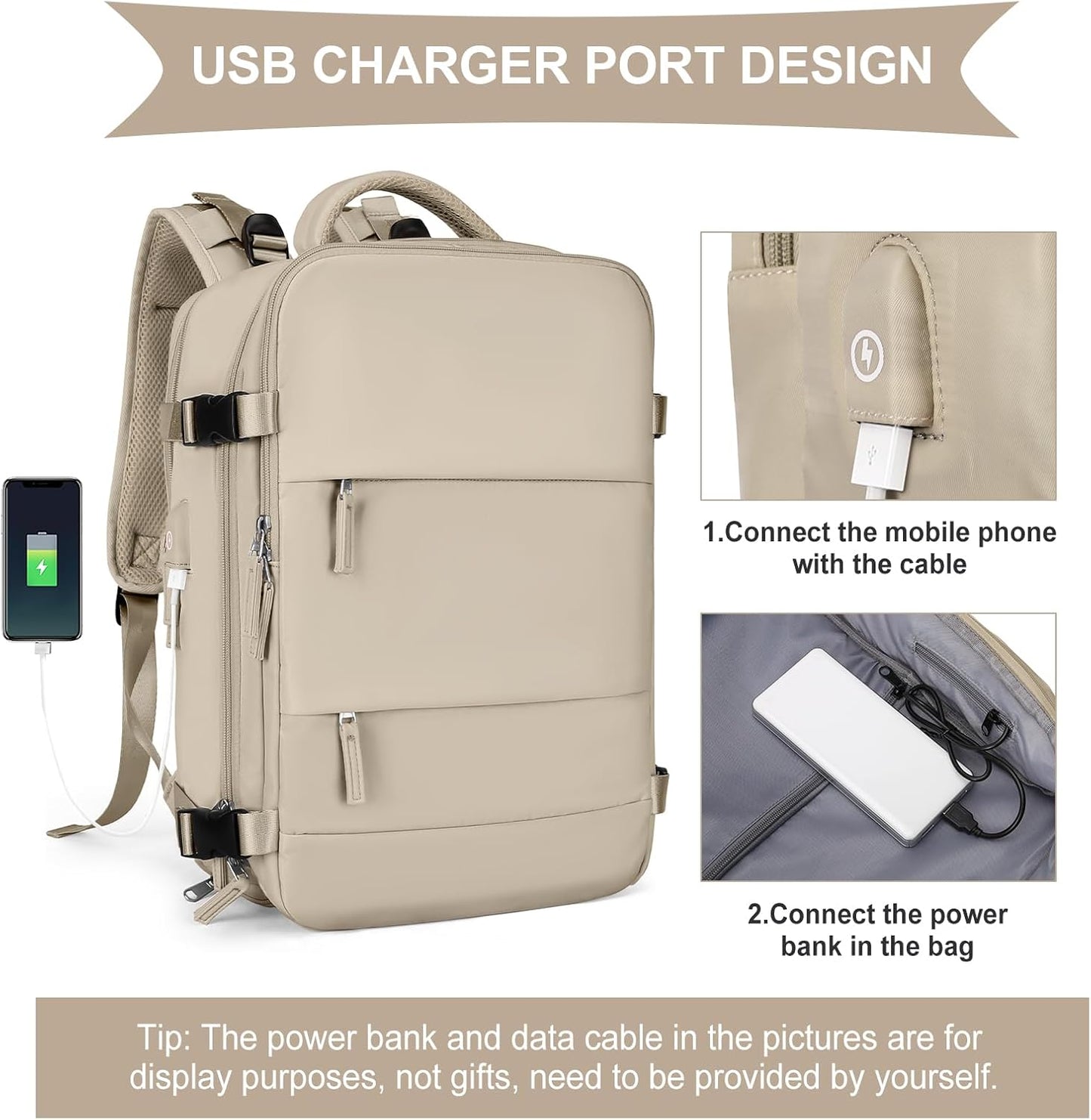 coowoz Large Travel Backpack For Women Men,Carry On Backpack Flight Approved,Hiking Backpack Waterproof Outdoor Rucksack Casual Daypack Fit 15.6 Inch Laptop Shoes Compartment (Khaki-L)