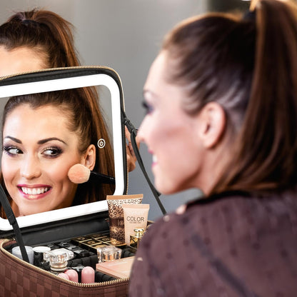 Makeup Travel Train Case with Mirror LED Light 3 Adjustable Brightness Large Cosmetic Bag Portable Storage Adjustable Partition Waterproof Makeup Brushes Make up Jewelry Gift for Women