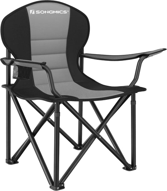 SONGMICS Folding Camping Chair, with Comfortable Sponge Seat, Cup Holder, Heavy Duty Structure, Max Load Capacity 551 lb, Outdoor Picnic Chair, Gray and Black UGCB006G01