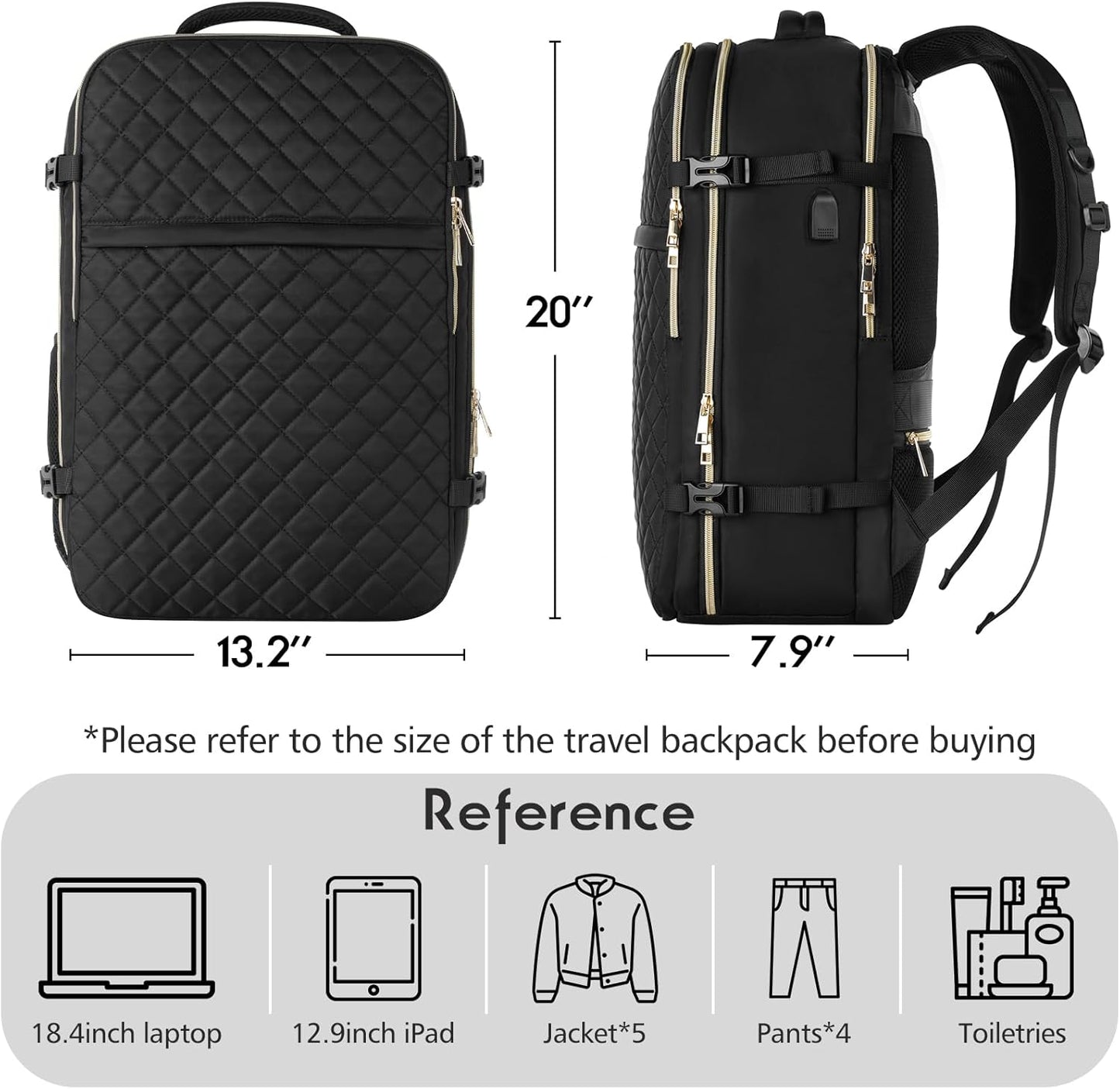 MOMUVO Large Travel Backpack Women, Flight Approved Carry On Backpack with 3 Packing Cubes, Water Resistant Anti-Theft Large School Bag Fit 18.4 Inch Laptop with USB Charging Port, Black