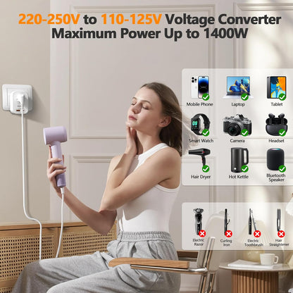 220V to 110V Voltage Converter US to Europe International Universal Travel Adapter, 20W PD With 2 USB-A 2 USB-C Port, Worldwide Power Converter Plug Combo US to Spain Italy Greece WHITE-I