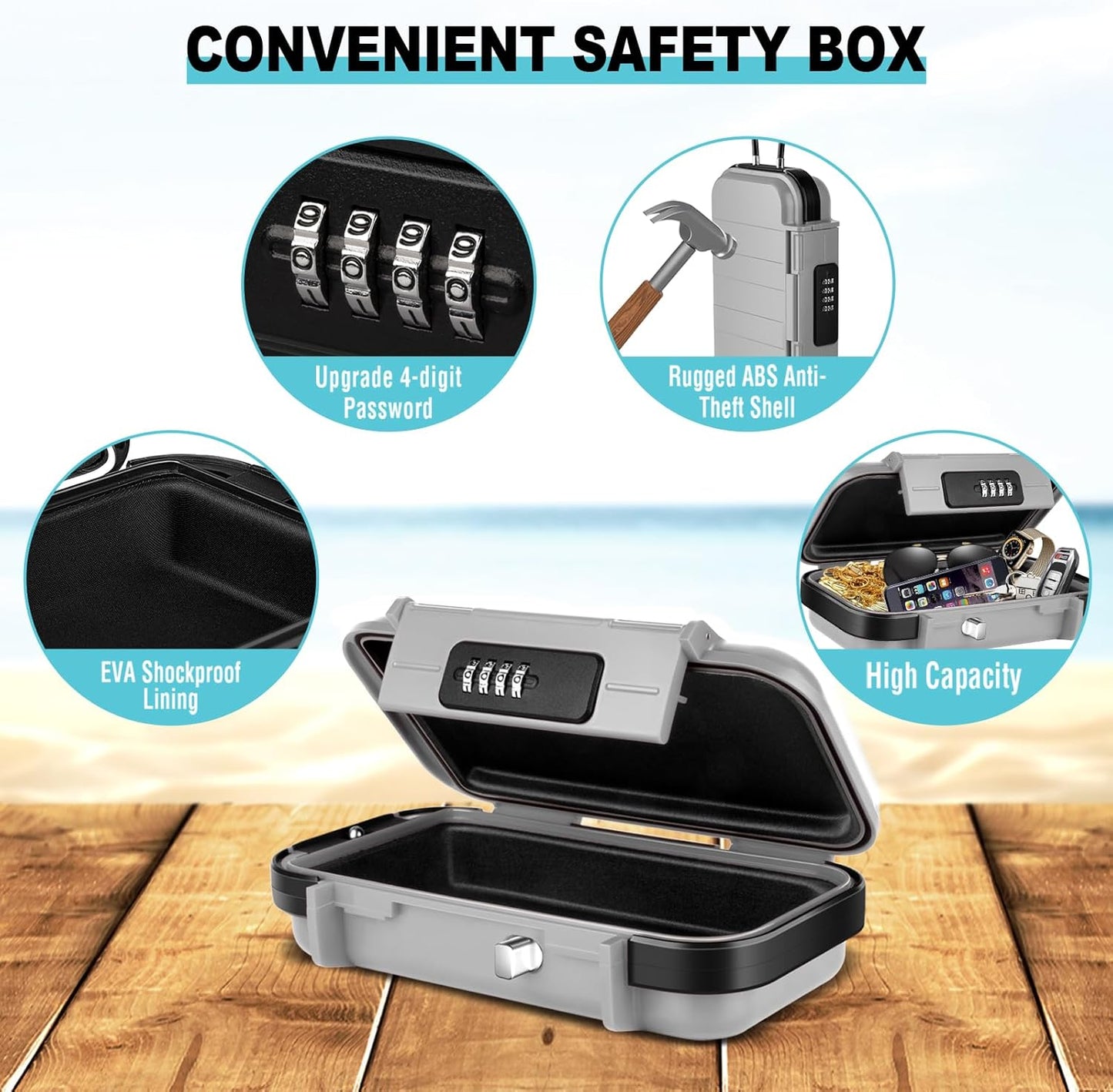 HUANLANG Portable Safe Lock Box with Combination Lock Mini Beach Travel Safe Waterproof Small Lockable Box with Removable Wire Rope Combination Safe Box for Dorm,Travel,Beach,Hotel,Car,Home,Office