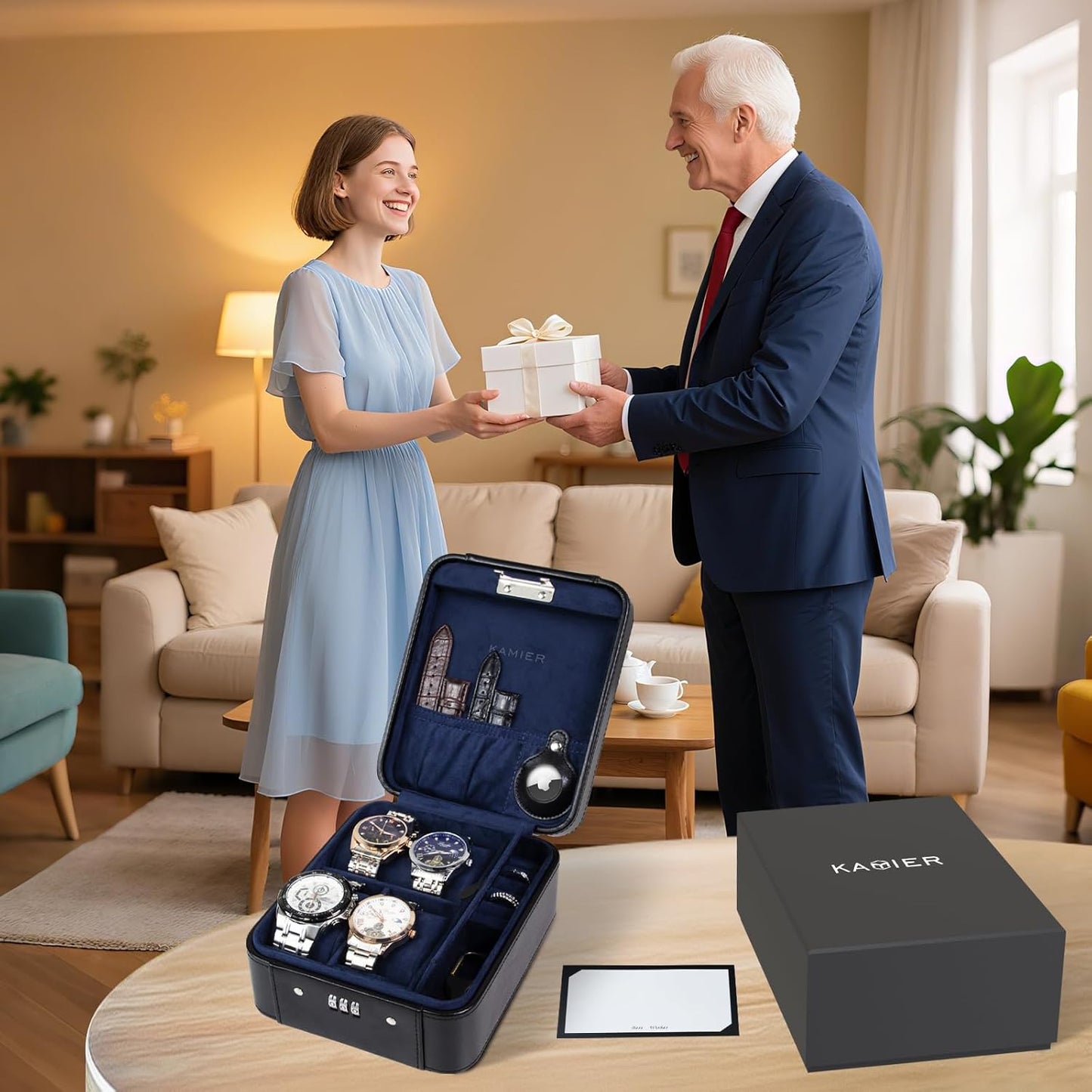 KAMIER Watch Case with Combination Lock - 4 Watch Storage and Jewelry Organizer - Watch Travel Case for Ring and Watch Storage, PU Leather Travel Watch Case, Ideal for Gift (With Gift Box),Black