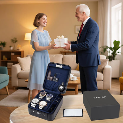 KAMIER Watch Case with Combination Lock - 4 Watch Storage and Jewelry Organizer - Watch Travel Case for Ring and Watch Storage, PU Leather Travel Watch Case, Ideal for Gift (With Gift Box),Black