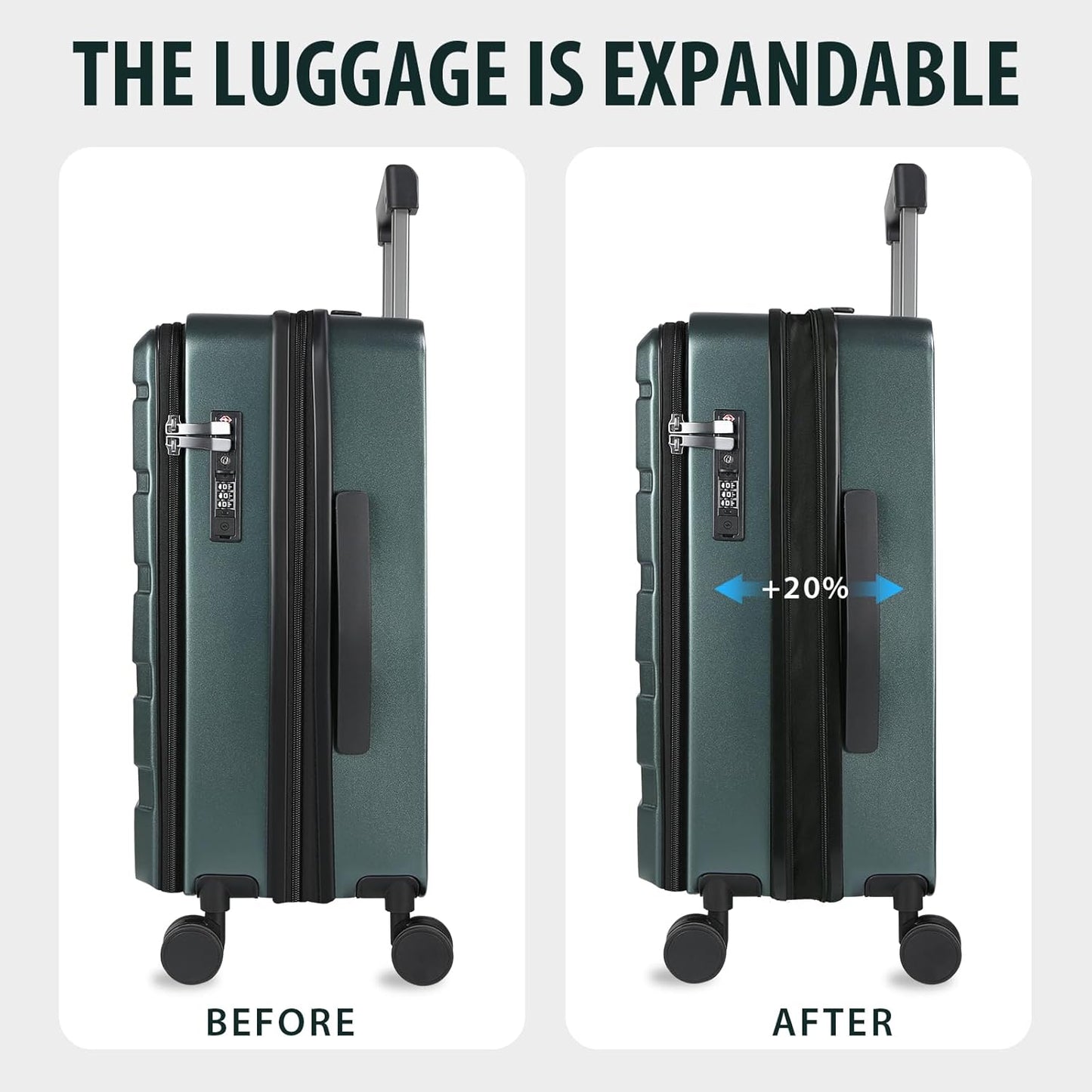 KROSER Carry On Luggage with Spinner Wheels & Built-in TSA Lock, Expandable Top Loading Hard Shell Suitcase Large Capacity Durable Rolling Luggage with USB Port, Carry-On 20-Inch, Dark Green