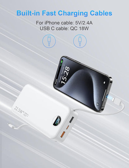 Portable Charger with Wall Plug, 20000mAh USB C Power Bank Fast Charging, External Battery Pack with Built in Cables, Digital Display, 5 Output 2 Input for iPhone Android Cell Phone Tablet