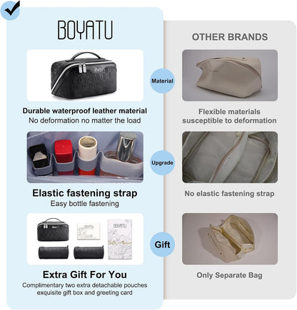 BOYATU Travel Makeup Bag for Women: Cosmetic Organizer Bag with Compartments - Leather Make up Bags Set of 3 (Black)