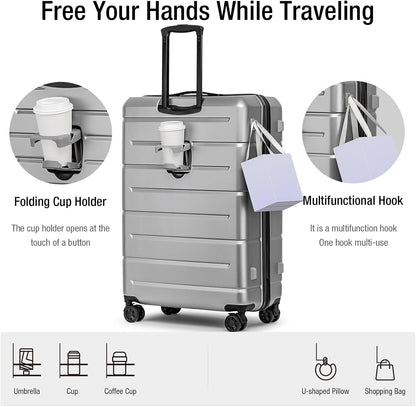 KYME Suitcases with Wheels Hardshell 30 Inch Luggage TSA Approved Large Checked Luggage Durable Travel Rolling Suitcase with Cup Holder for Women Men Silver Grey