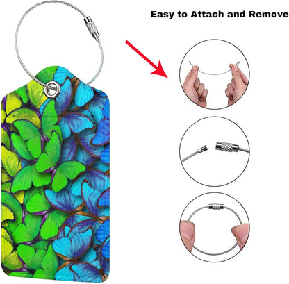 2Pcs Green Blue Butterfly Luggage Tags for Suitcases for Women Girls, Pretty Leather Suitcases Tag with Stainless Steel Loop Privacy Cover ID Label Travel Bag Tags Luggage Identifiers for Kids Adults