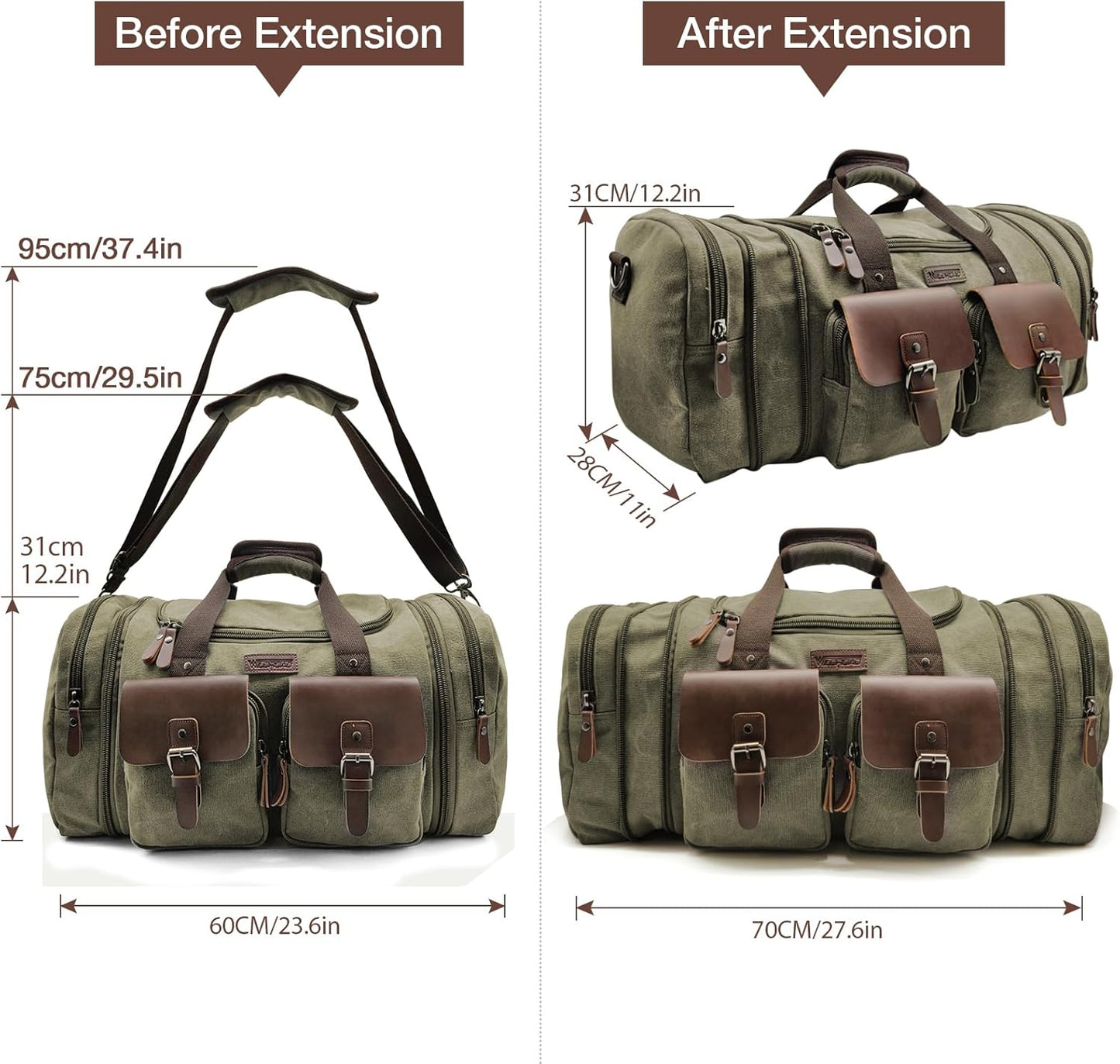 Wildroad 60L Travel Duffel Bag, Expandable Canvas Genuine Leather Duffle Bag Upgraded Overnight Weekender Bag Carry on Bag