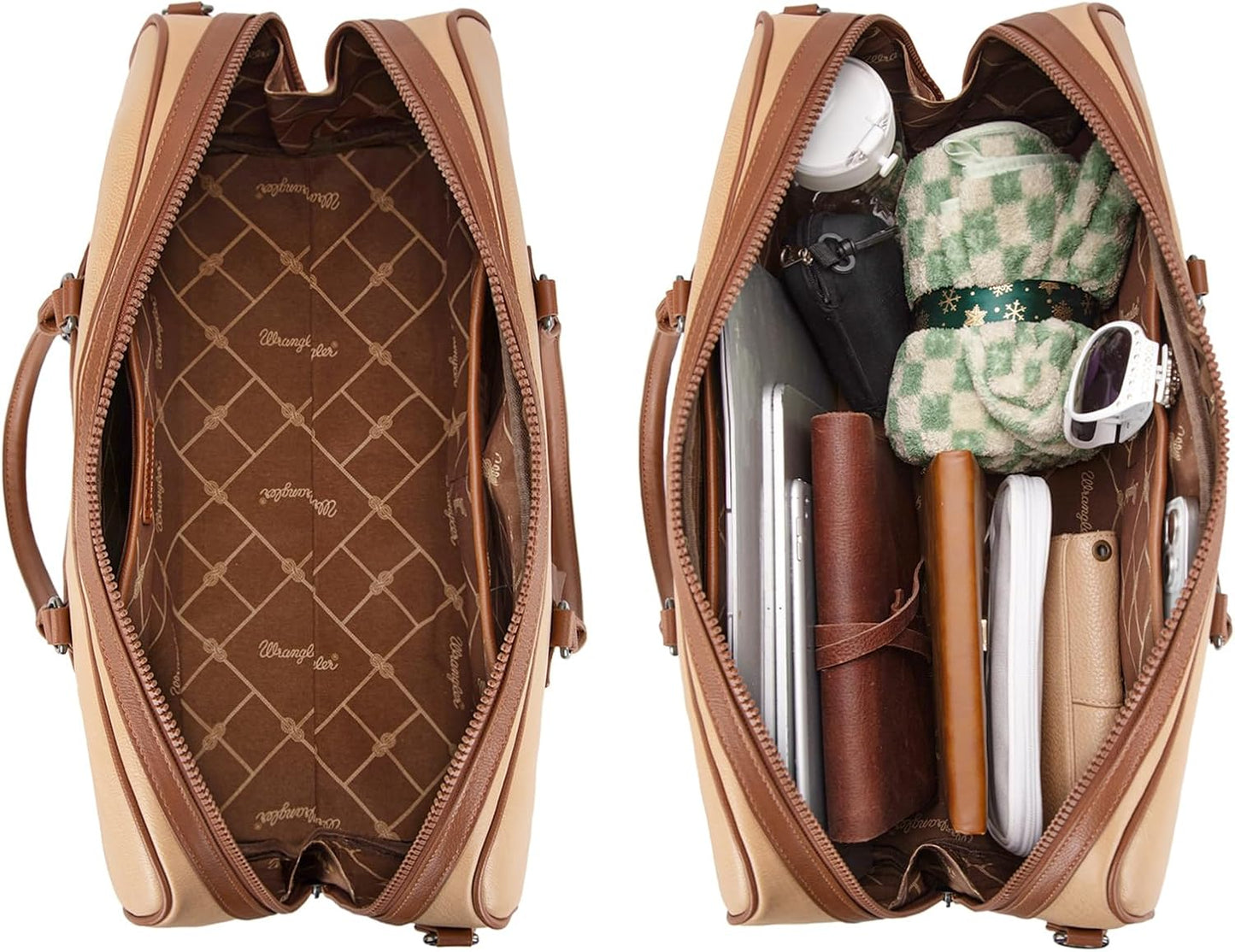 Wrangler Travel Duffel Bag Large Weekender Bag for Women Designer Carry on Overnight Bag for Trips Leather Luggage Bag Tan