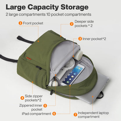 mixi Outdoor Lightweight Backpack Casual Carry On Laptop Backpack Travel Bookbag for Women Men, Water Resistant Durable Small Hiking Bag for Camping Weekender Sports College Work, 15 Inch Jungle Green