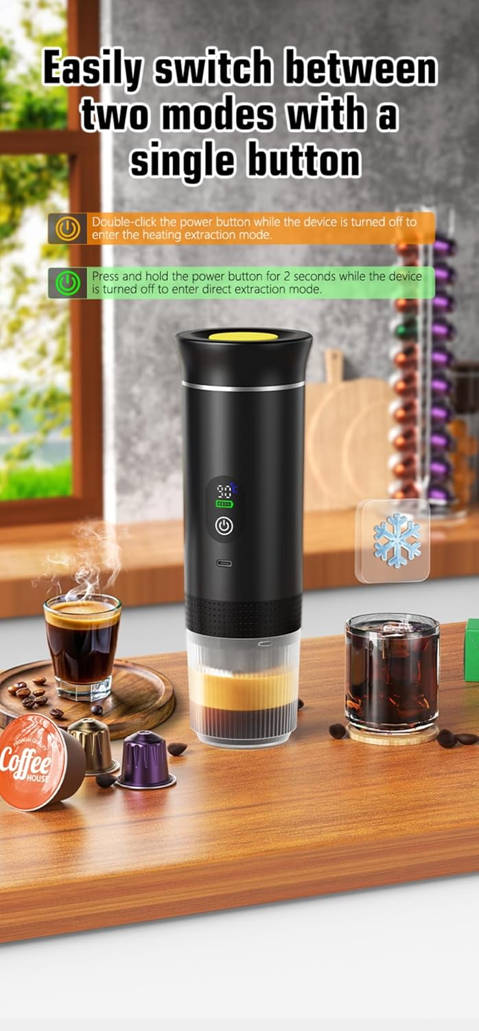 Portable Electric Coffee Maker, Digital Display, Compatible with Coffee Pods,Rechargeable Coffee Machine for Travel, Camping, RV,Home,Office (green)