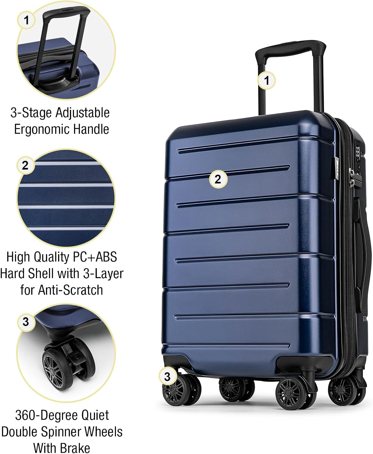 KYME Hardside Expandable Carry On Luggage 22x14x9 Airline Approved 20 Inch Hardshell Carry On Suitcase with Wheels TSA Lock Small Travel Rolling Luggage with Cup Holder for Women Men Navy