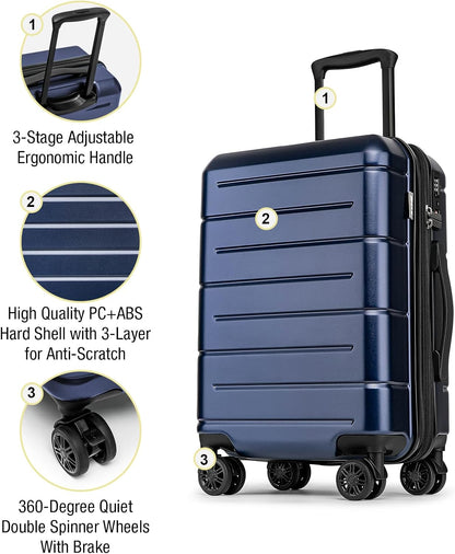 KYME Hardside Expandable Carry On Luggage 22x14x9 Airline Approved 20 Inch Hardshell Carry On Suitcase with Wheels TSA Lock Small Travel Rolling Luggage with Cup Holder for Women Men Navy