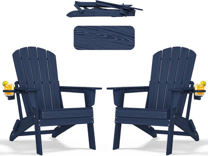 Folding Adirondack Chair - Extended Ergonomic Backrest, Cup Holder - Easy Assembly - Durable HDPE Plastic, Weather Resistant & Maintenance-Free - Lawn, Patio, Deck Supports 380lbs NavyBlue