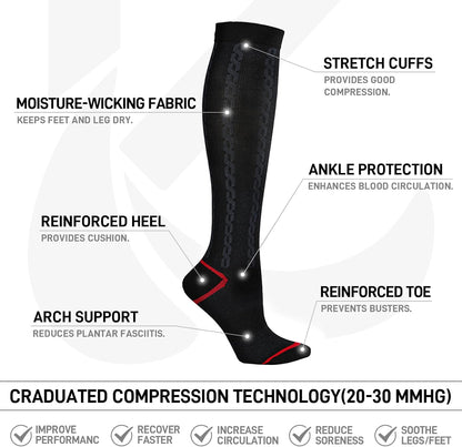 Kickticks 4 Pairs Compression Socks for Woman & Man Unisex 20-30mmHg Knee high Plus Size Wide Calves for Flying Running…