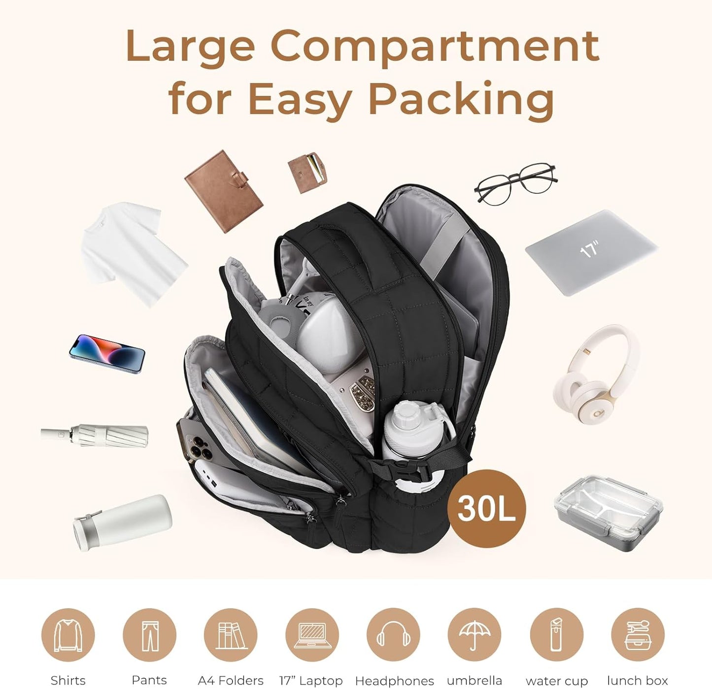 CLUCI 17.3 Inch Laptop Backpack for Women, Anti Theft Travel Backpack, Puffer Quilted Work Backpack, Water Resistant College Bookbag, Carry on backpack with RFID (Black)