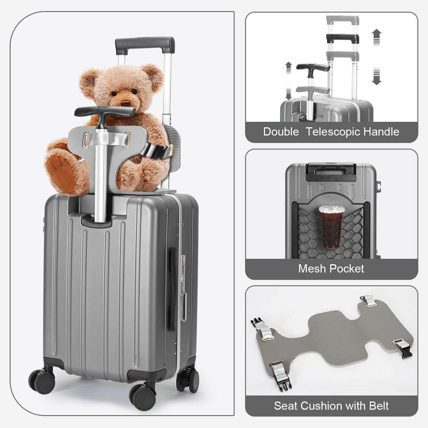 MRPLUM Carry On Luggage Double Handle Suitcase with Net Pocket,Hard Shell Spinner Wheels Luggage with TSA Lock&Seat Belt,20 inch,Grey