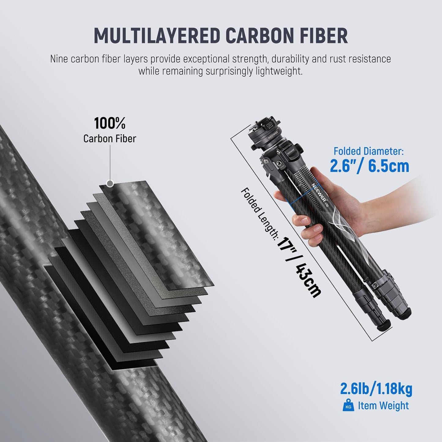 NEEWER LITETRIP LT32 62" Travel Tripod Carbon Fiber with ±15° Leveling Base, Detachable Center Axis, Fast Flip Buckle, 360° Pan Arca Type QR Plate Compatible with Peak Design Capture V3 (Former TP62)